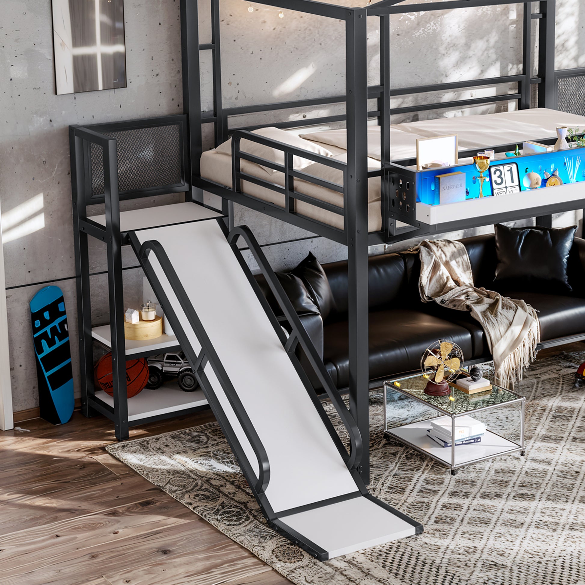 Full Size Loft Bed with Storage Stairs - Black MDF Metal