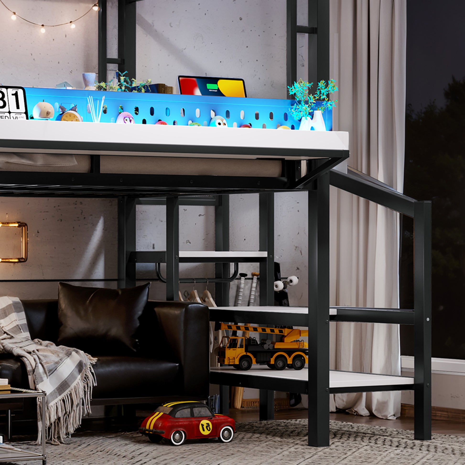 Full Size Loft Bed with Storage Stairs - Black MDF Metal