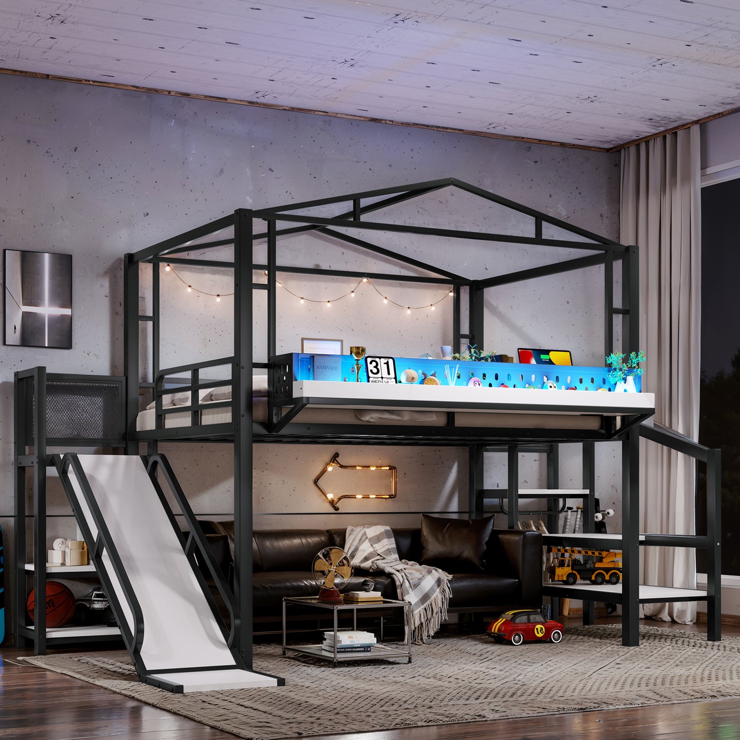 Full Size Loft Bed with Storage Stairs, Shelves and Built-in Wardrobe, Metal Loft Bed Frame with USB Ports and LED Lights, Noise-reduced Design, Black