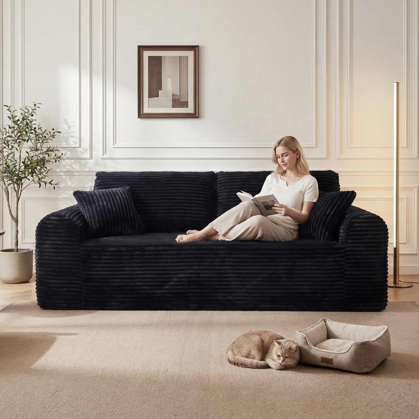 Black 3 Seat Foam+Spring Sofa for Living Room or Guest Area