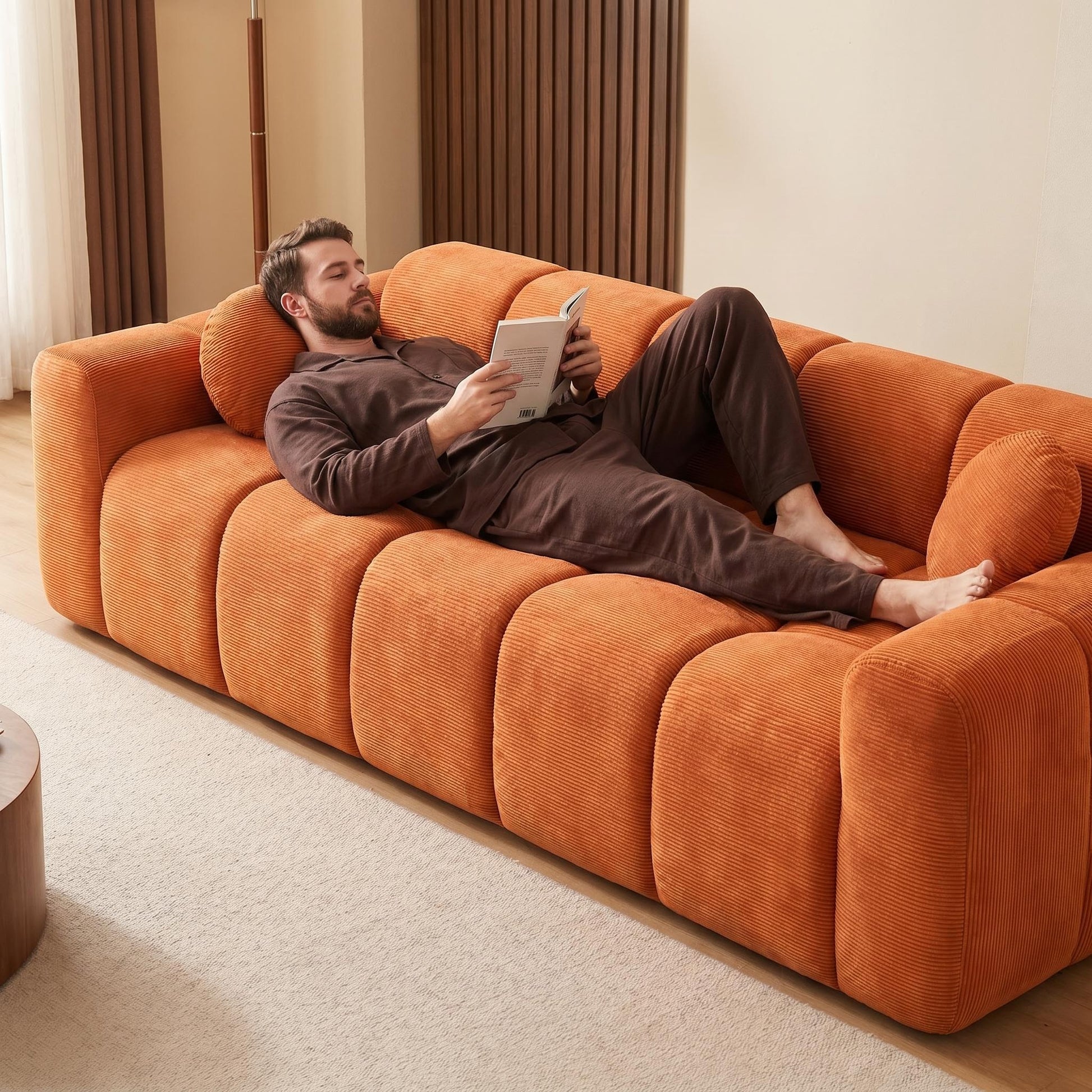 98.4" Extra Large Compression Sofa, Corduroy Cloud Puff Couch for Living Room, 3-Seater Upholstered Sofa with 2 Pillows, Vacuum Packed Easy to Move for Small Space, Apartment, Studio