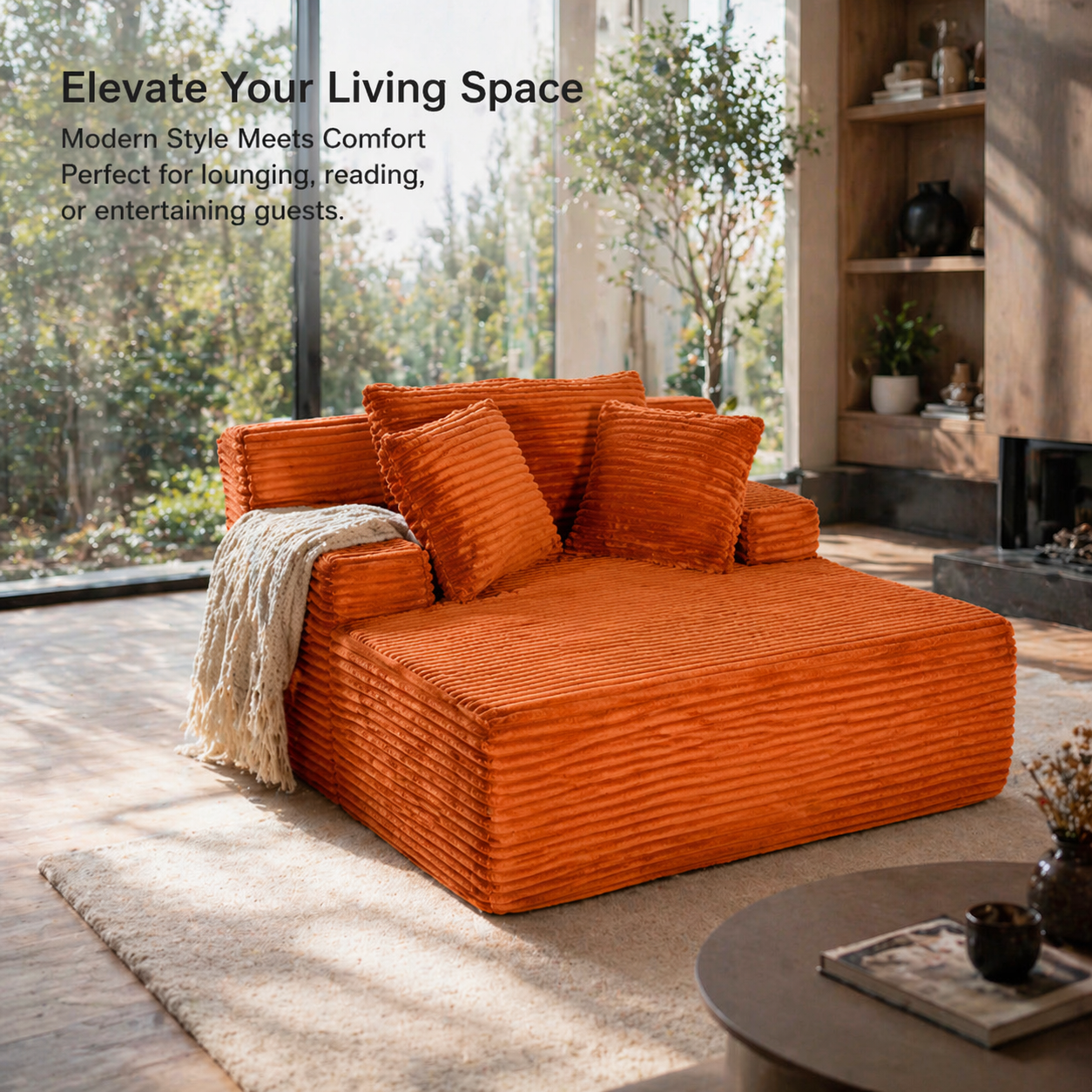 66" Orange Corduroy Sofa Bed - No Assembly for Living Room