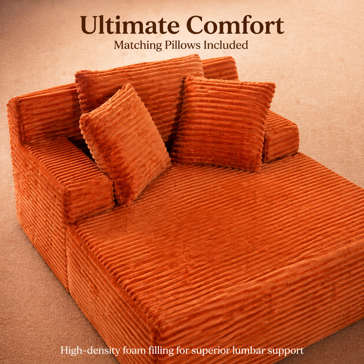 66" Orange Corduroy Sofa Bed - No Assembly for Living Room