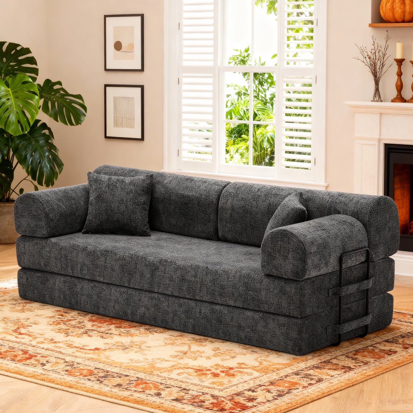 Convertible Sleeper Sofa Bed,two-tone blended fabric Folding Mattress Couch with Fixed-Shape Frame, Floor Sofa Lounge Couch for Living Room Bedroom(Speckled Black)