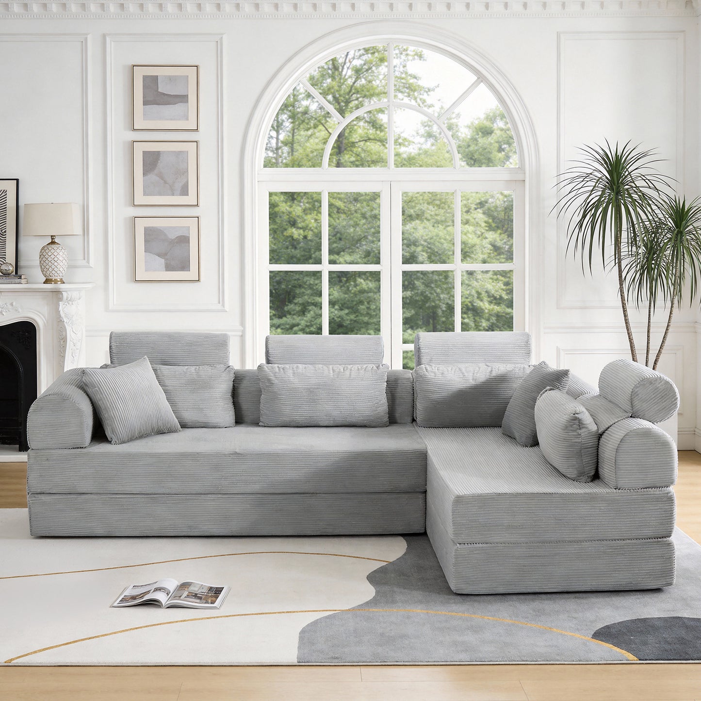 Light Gray Corduroy Chaise Sofa Bed - 4 Seat Corner Sofa for Living Room