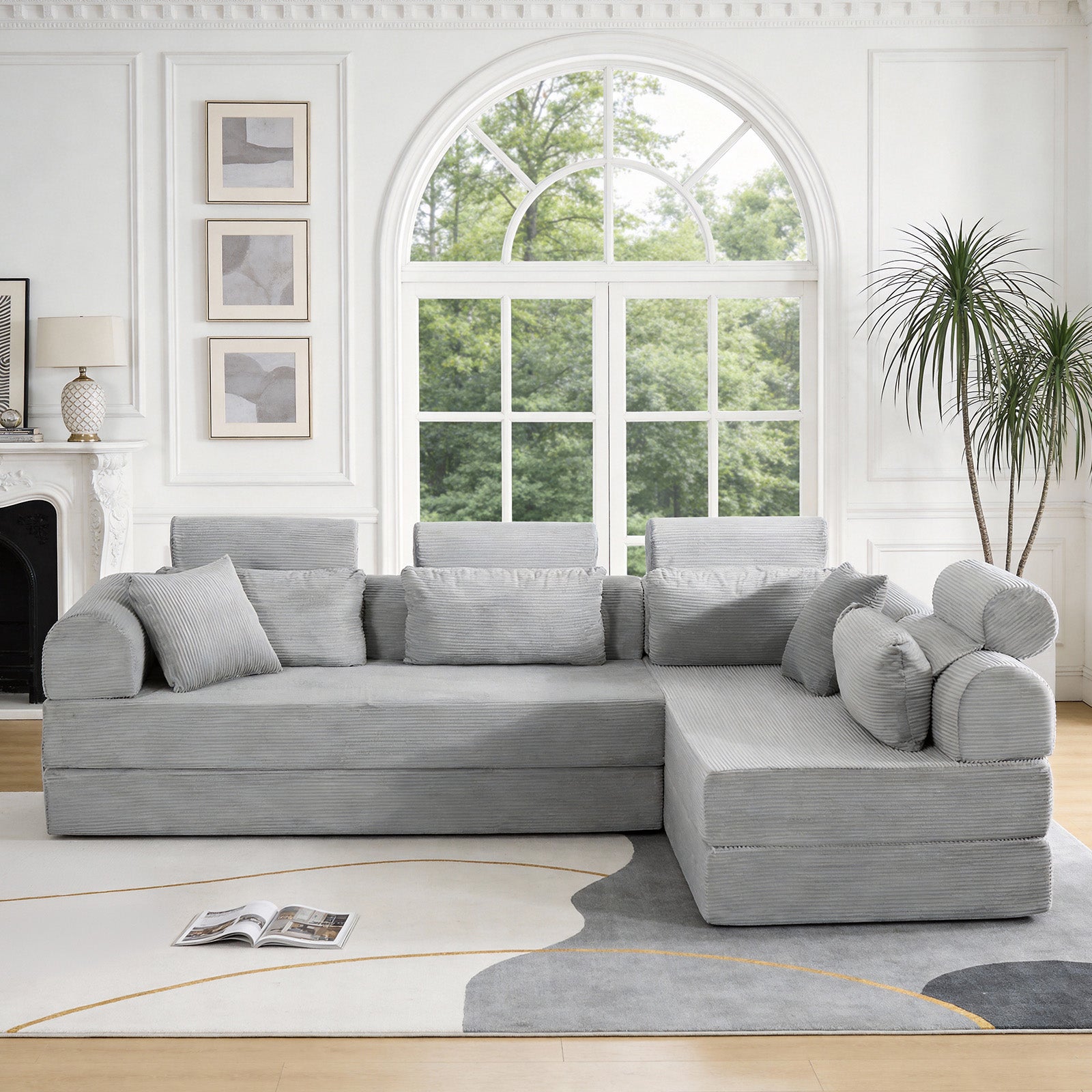 Light Gray Corduroy Chaise Sofa Bed - 4 Seat Corner Sofa for Living Room