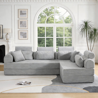Light Gray Corduroy Chaise Sofa Bed - 4 Seat Corner Sofa for Living Room