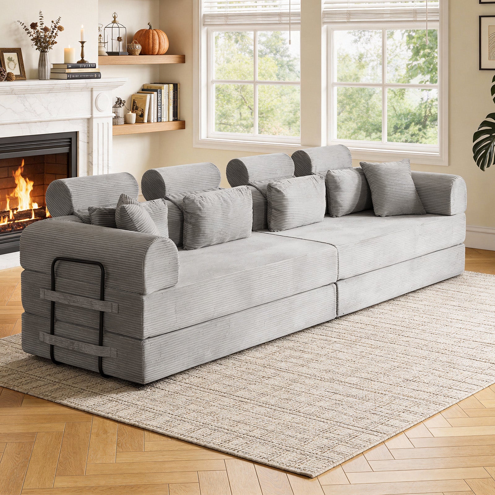 Light Gray Corduroy Chaise Sofa Bed - 4 Seat Corner Sofa for Living Room