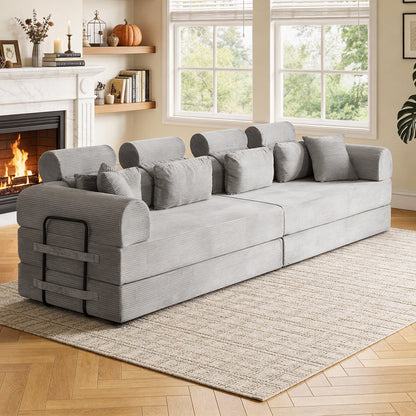 Light Gray Corduroy Chaise Sofa Bed - 4 Seat Corner Sofa for Living Room