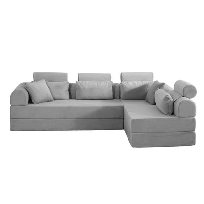 Light Gray Corduroy Chaise Sofa Bed - 4 Seat Corner Sofa for Living Room
