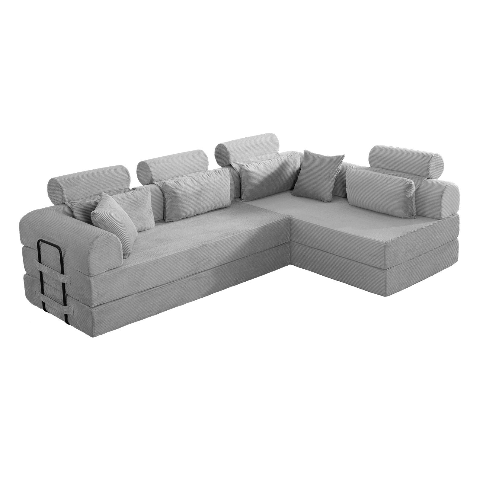 Light Gray Corduroy Chaise Sofa Bed - 4 Seat Corner Sofa for Living Room