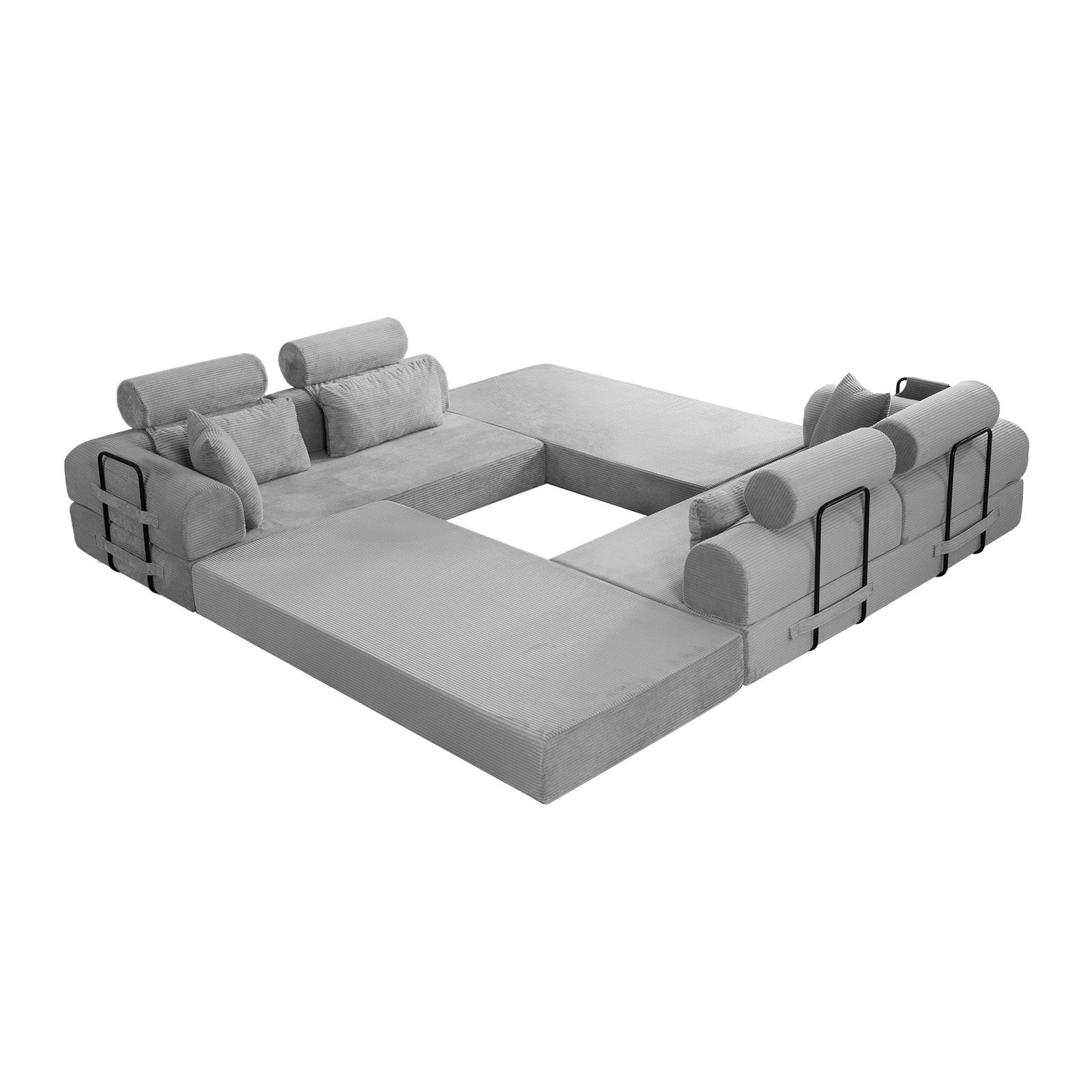 Light Gray Corduroy Chaise Sofa Bed - 4 Seat Corner Sofa for Living Room