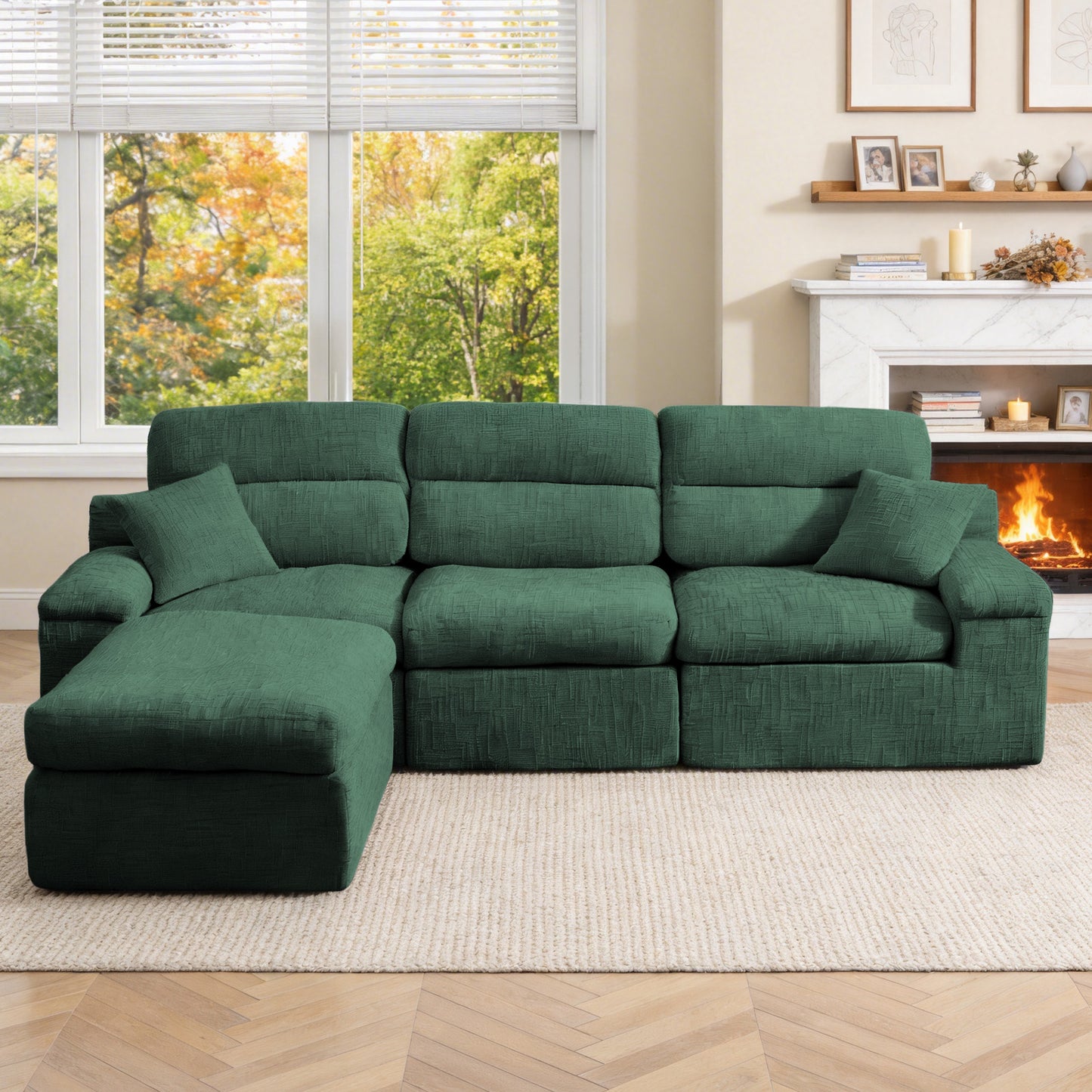 3 Seat Dark Green Chenille L-Shaped Sofa with Sleeper Bed for Living Room