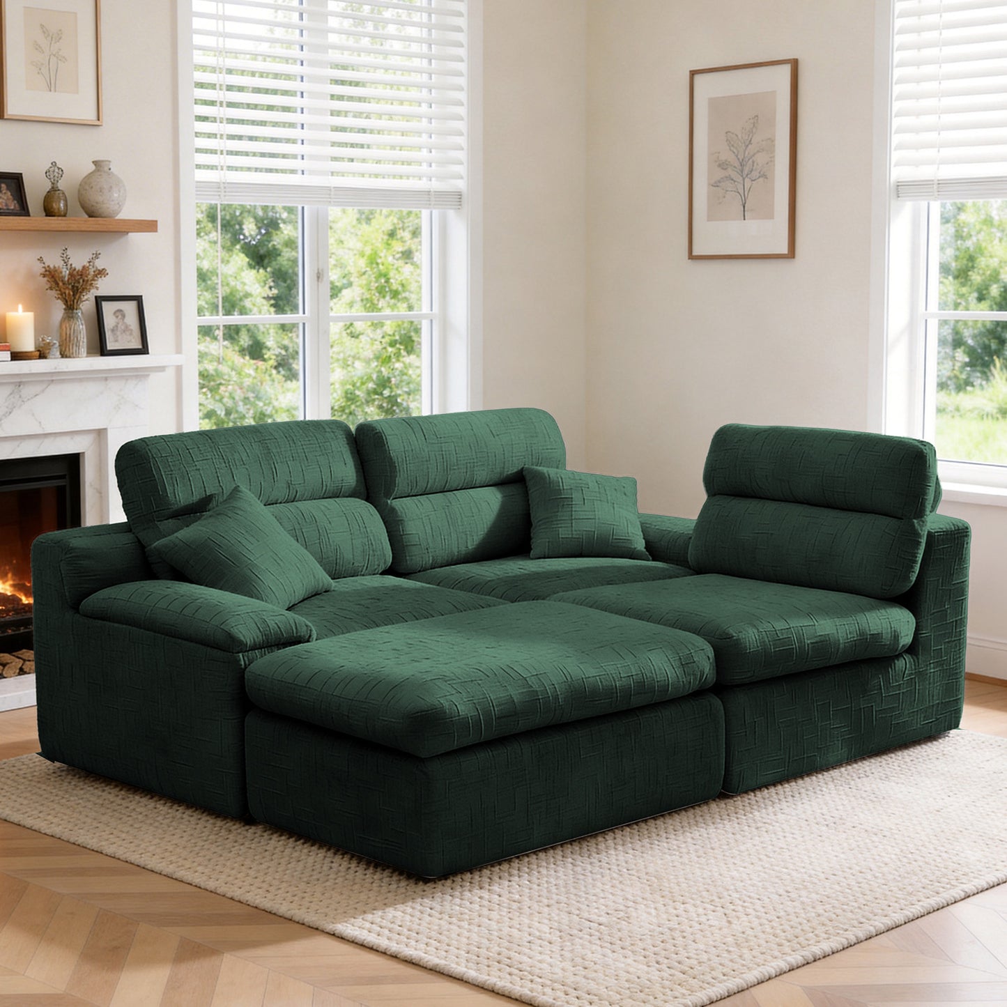 3 Seat Dark Green Chenille L-Shaped Sofa with Sleeper Bed for Living Room