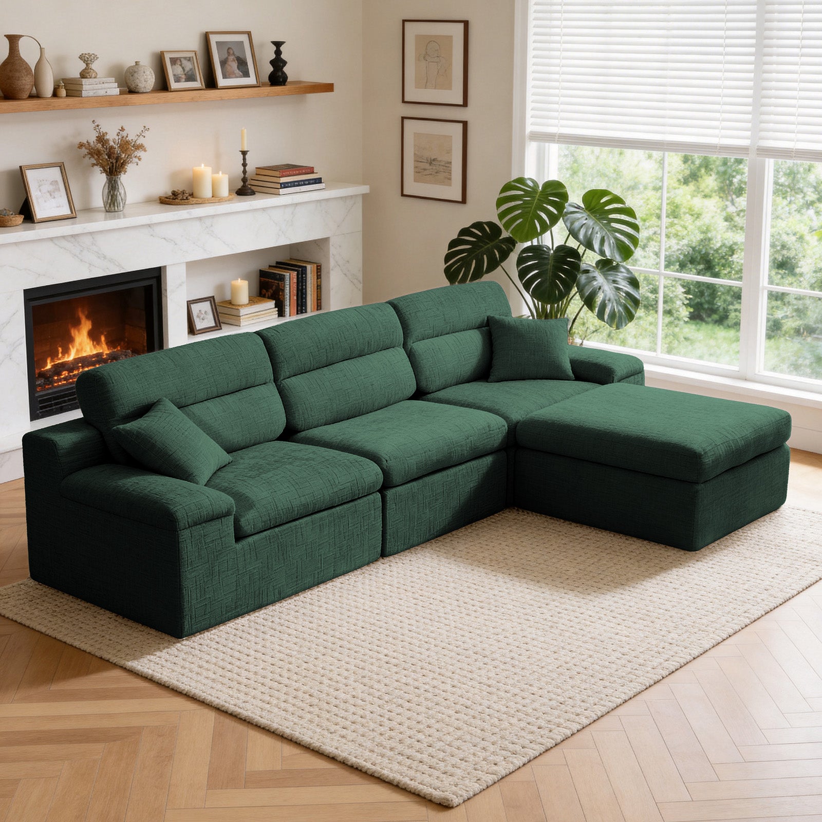 Corner Chaise Sofa with High Backrest,L-Shaped Couch with Slub Chenille Fabric, Compressed High-Density Sponge Cushion, Space-Saving No-Assembly Sofa for Living Room,Apartment(Green)