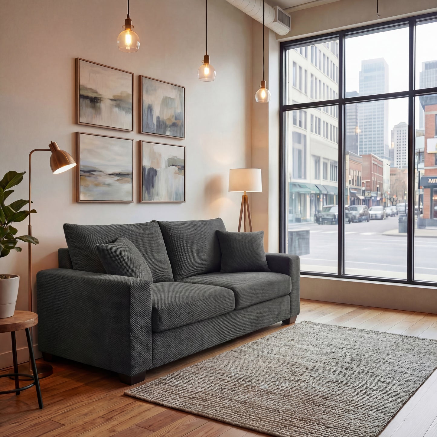 Dark Grey Mid-Century Loveseat - 69" Sofa with Throw Pillows for Living Room