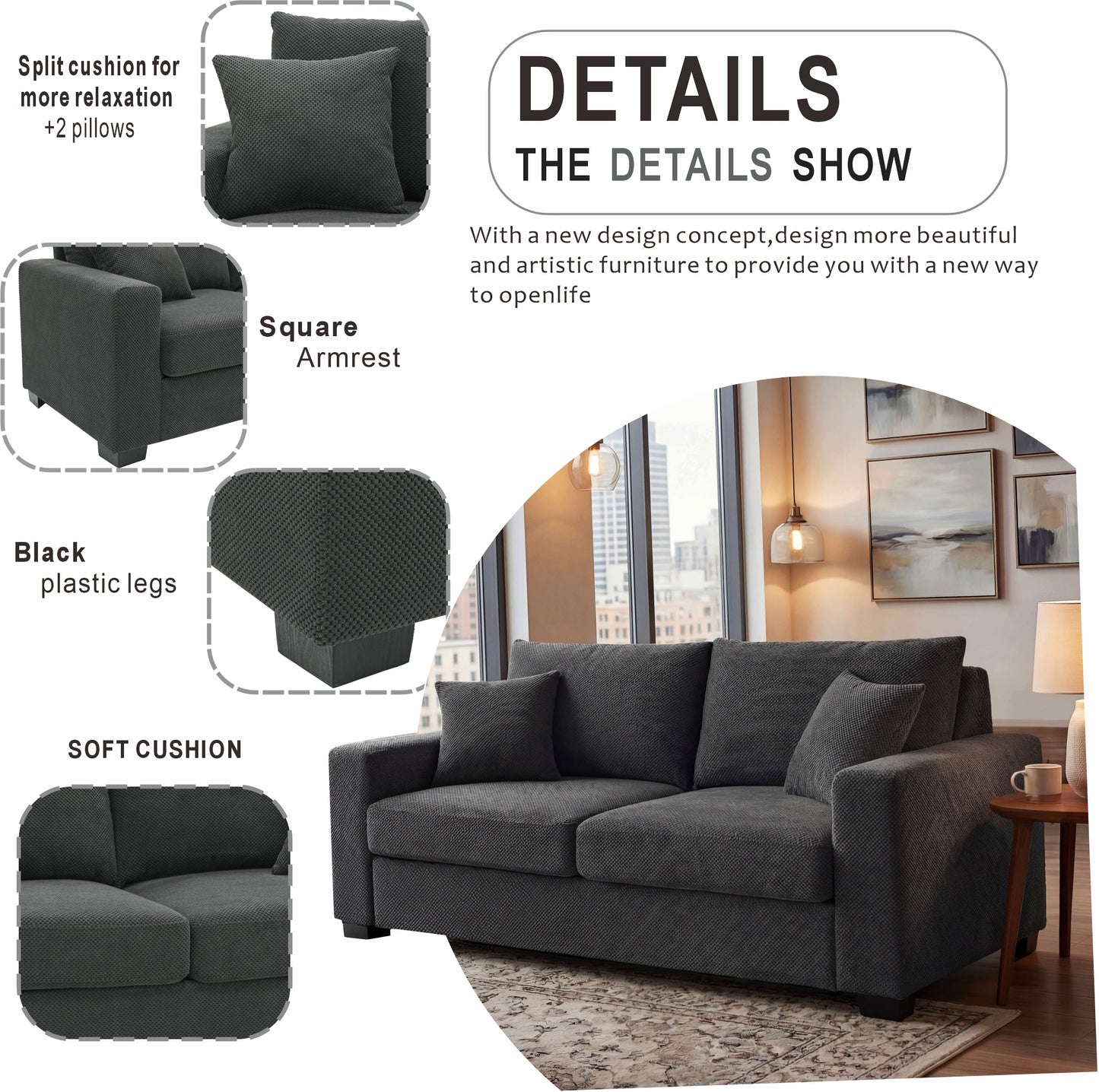 Dark Grey Mid-Century Loveseat - 69" Sofa with Throw Pillows for Living Room