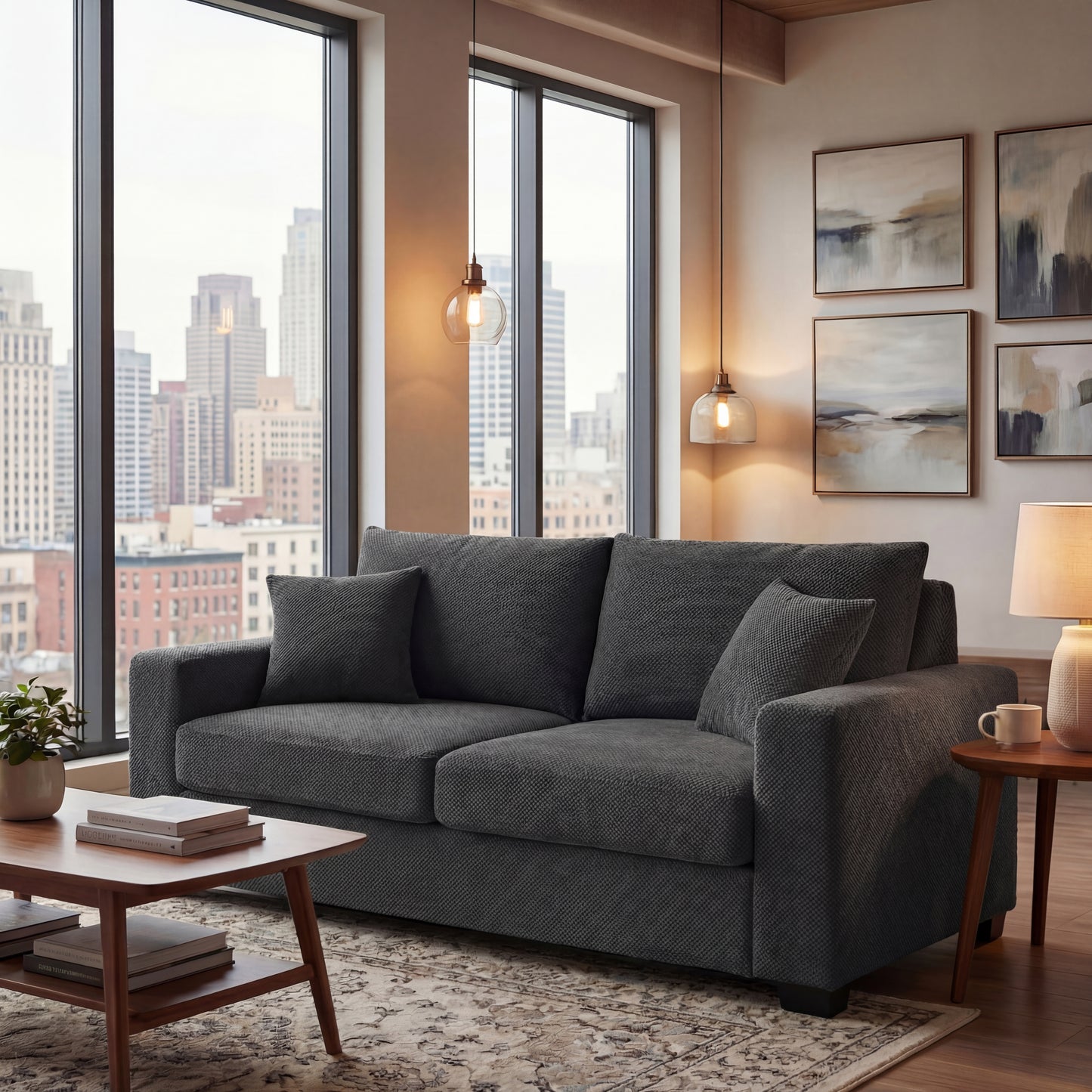 69-inch two-seater  Sofa with Textured Fabric, Comfortable Upholstered Couch with 2 Throw Pillows and Sturdy Plastic Legs for Living Room, Apartment, Office, Dark Grey