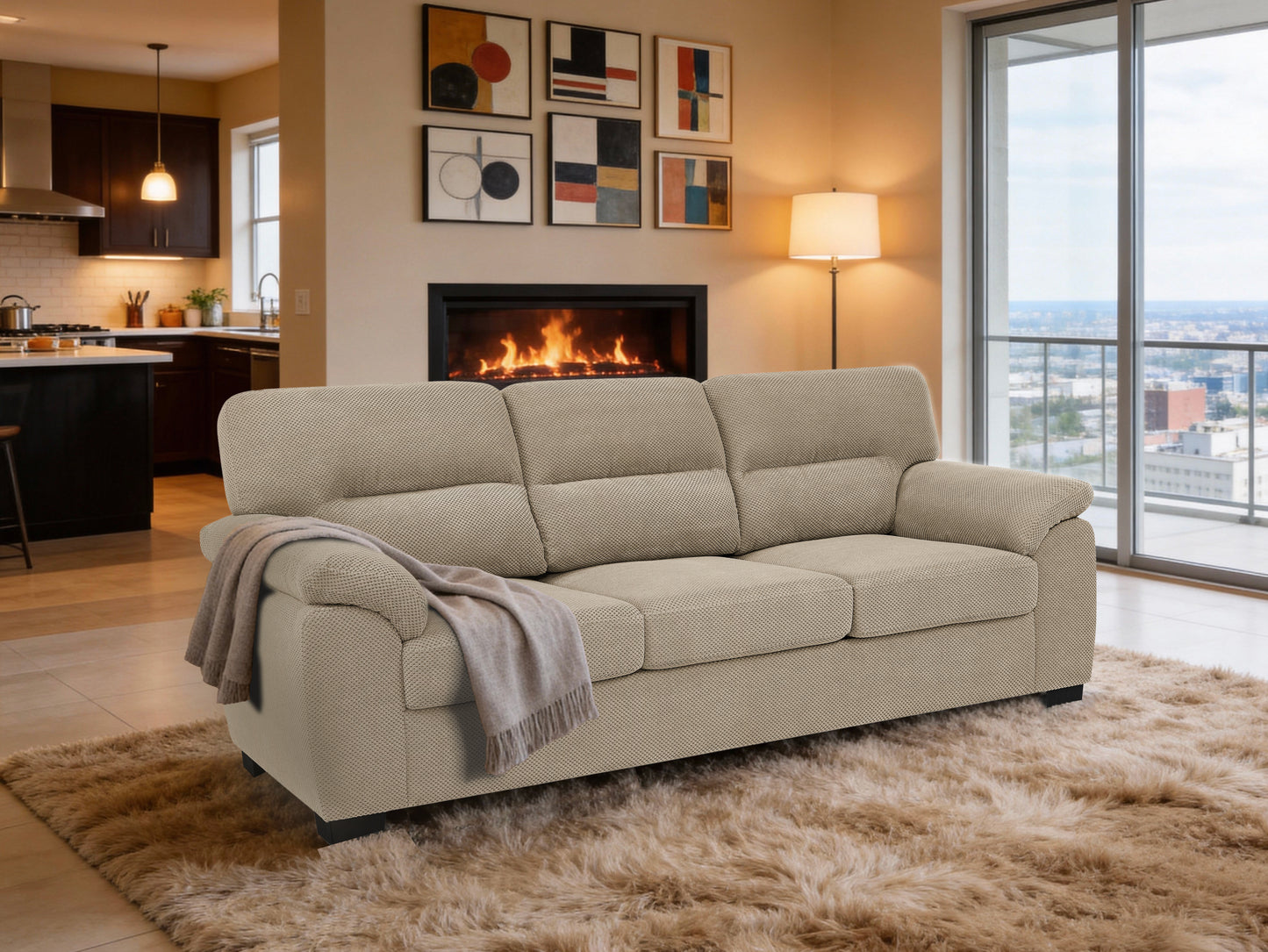 Camel Sofa - 3-Seat Contemporary Couch