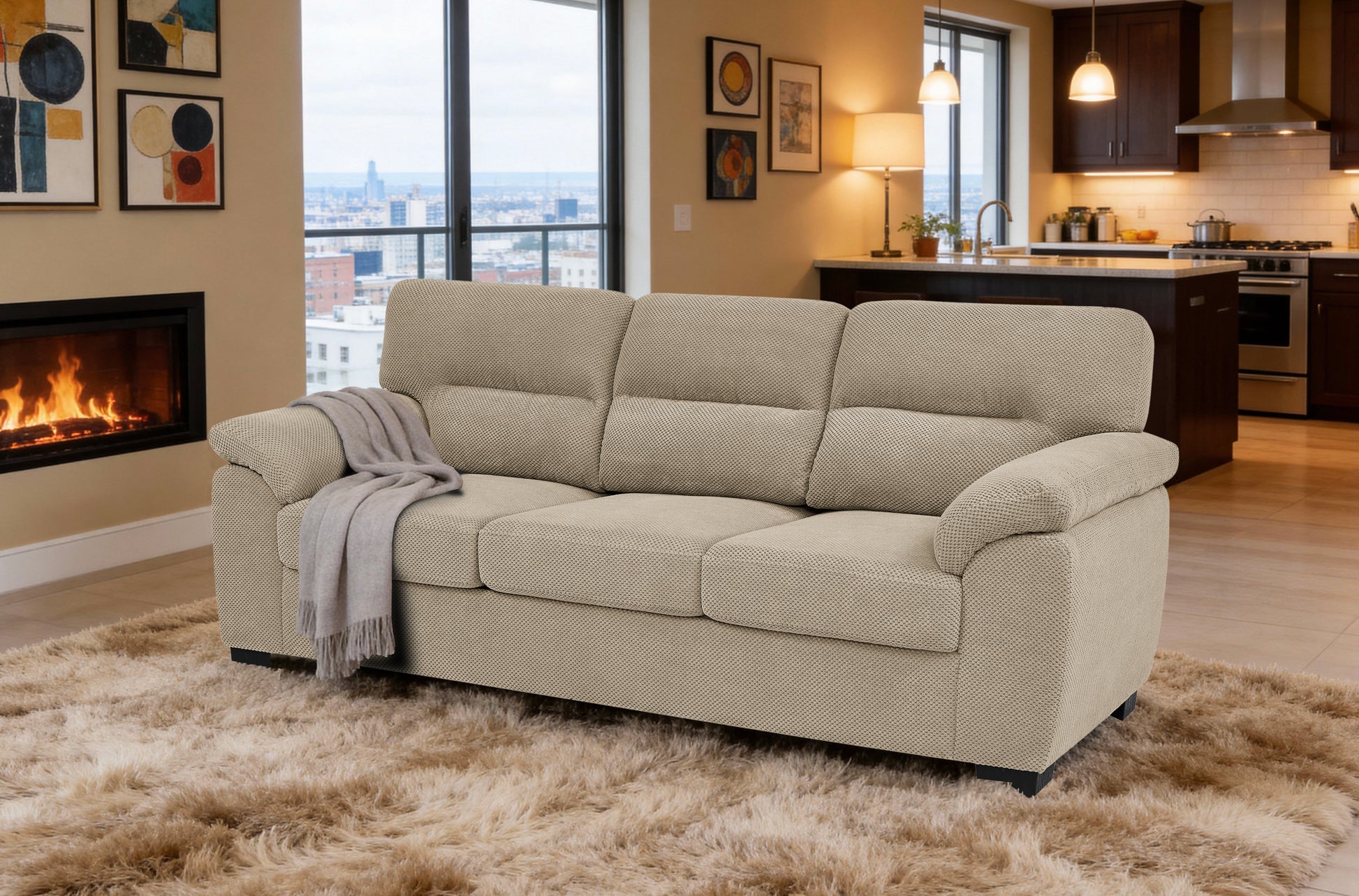 Camel Sofa - 3-Seat Contemporary Couch