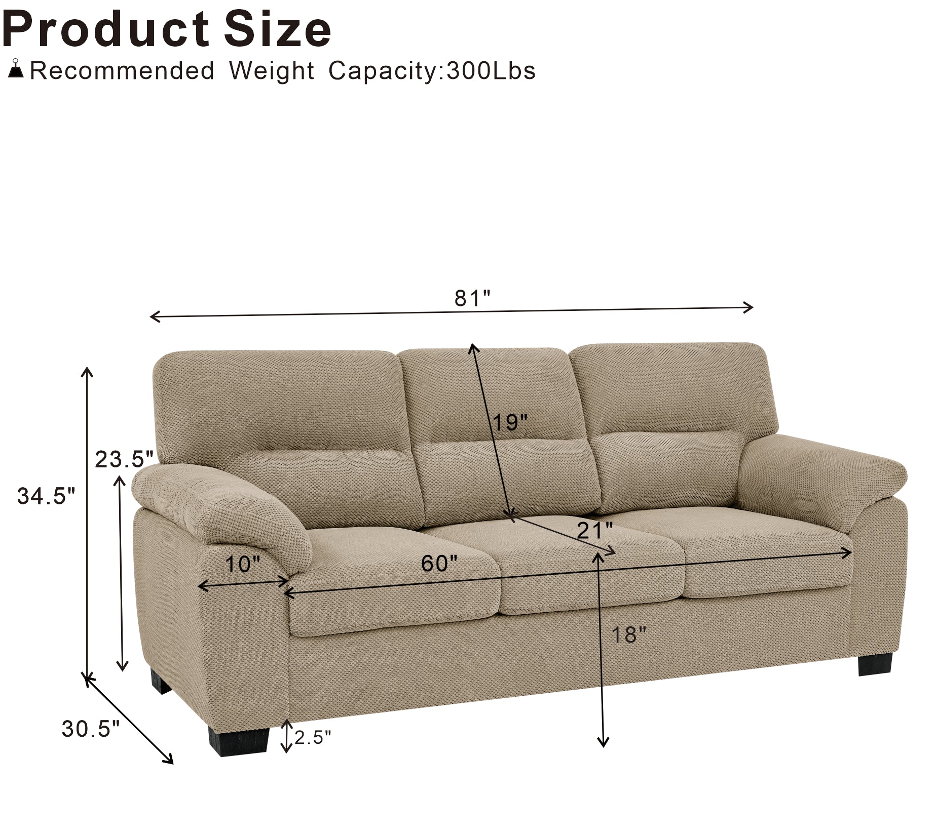 Camel Sofa - 3-Seat Contemporary Couch