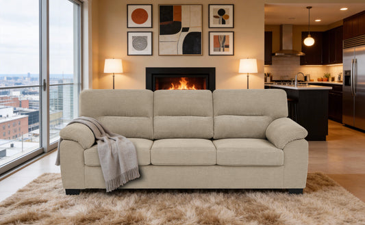 3-Seater Sofa, Camel Upholstered Couch, Modern Living Room Furniture, Textured Fabric Sofa, Minimalist Settee, Comfortable Armchair, Sturdy Frame Sofa