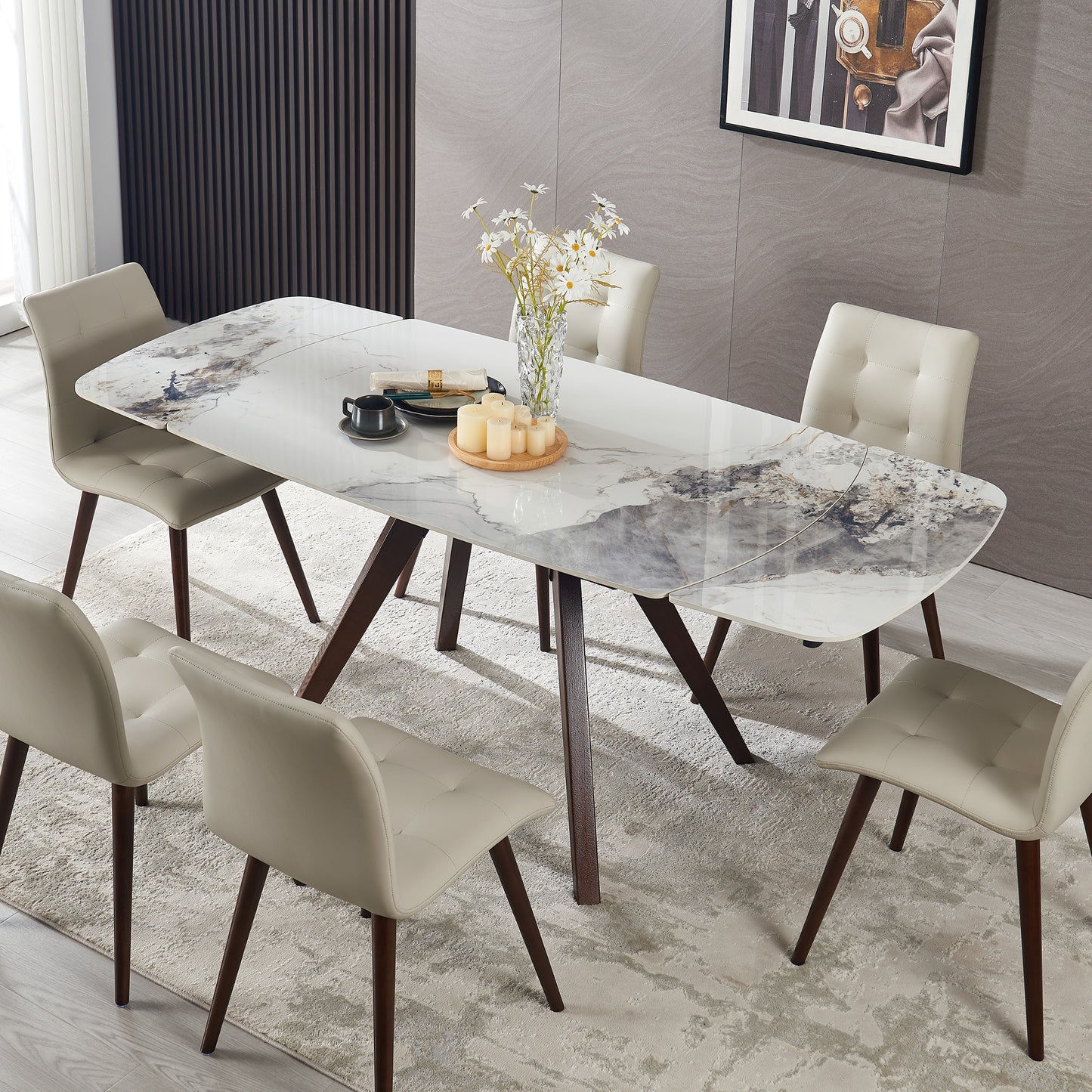 1+6 Retractable Imitation   Sintered stone Table Expandable 55.12" to 78.74" + Seats 6 Person Heat Resistant Scratch proof Heavy Duty Carbon solid wood Base for Home Kitchen Living Room Chanel Table1+