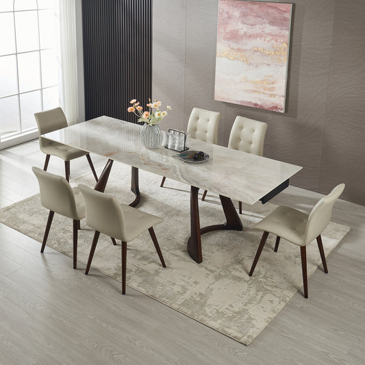 1+6 Retractable Imitation  Sintered stone Table Expandable 63" to 94.48" Seats 6  Person Heat Resistant Scratch proof Heavy Duty Carbon DARK WALNUT SOLID WOOD base for Home Kitchen Living Room Table