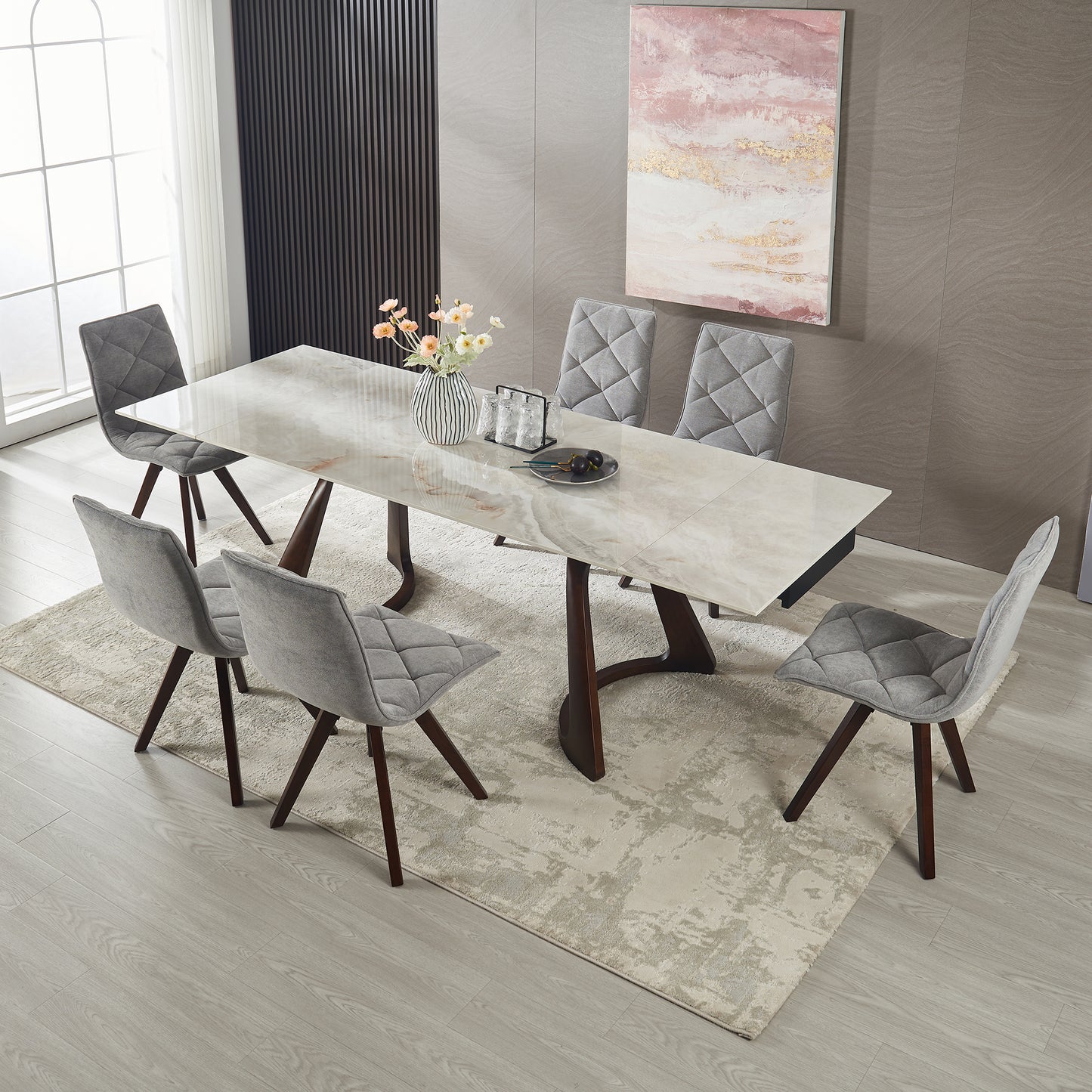 1+6 Retractable Imitation  Sintered stone Table Expandable 63" to 94.48" Seats 6  Person Heat Resistant Scratch proof Heavy Duty Carbon DARK WALNUT SOLID WOOD base for Home Kitchen Living Room Table