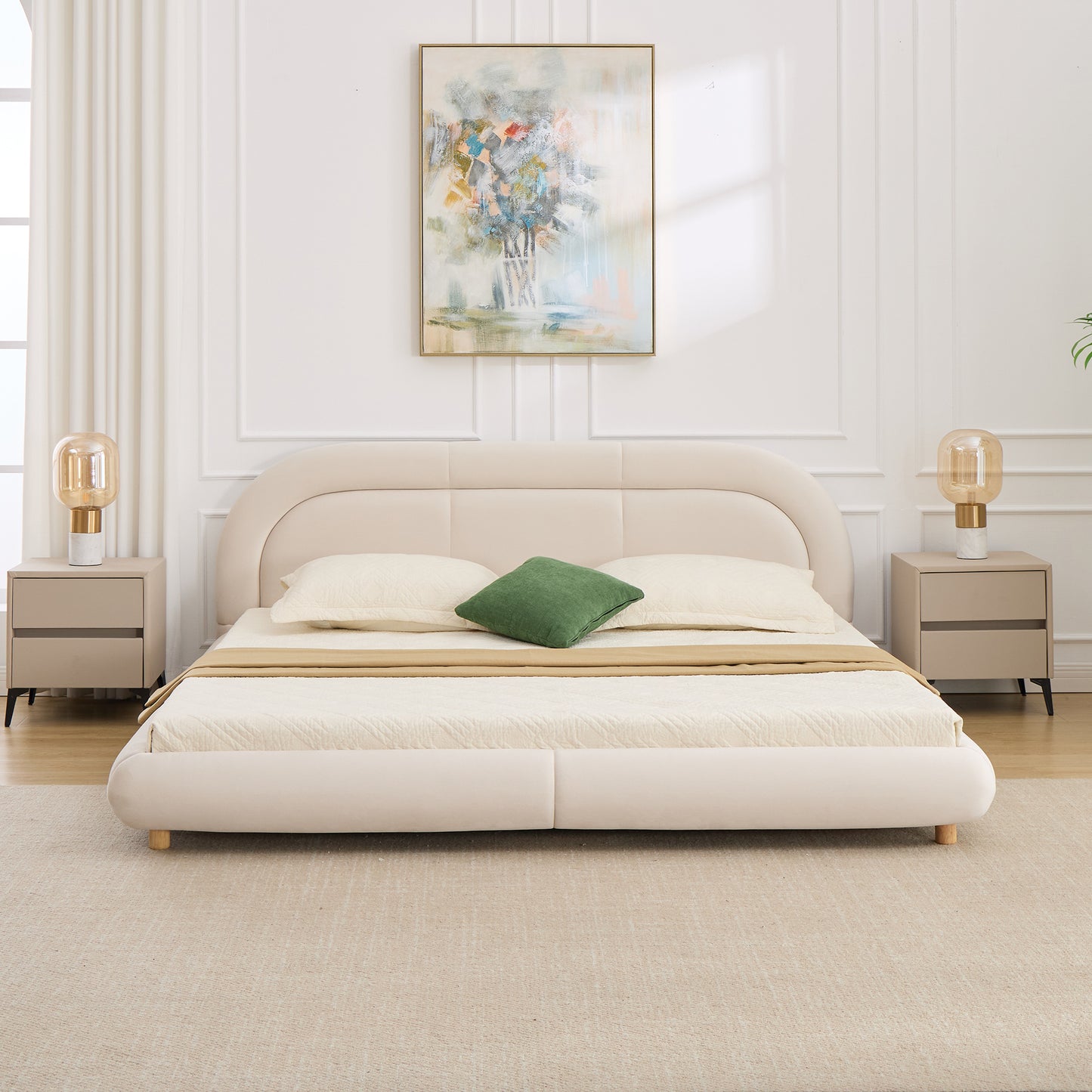 King Size,Modern Curved Upholstered Low Profile Platform Bed with Rounded Headboard(Velvet,Beige)