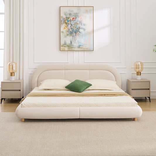 King Size,Modern Curved Upholstered Low Profile Platform Bed with Rounded Headboard(Velvet,Beige)