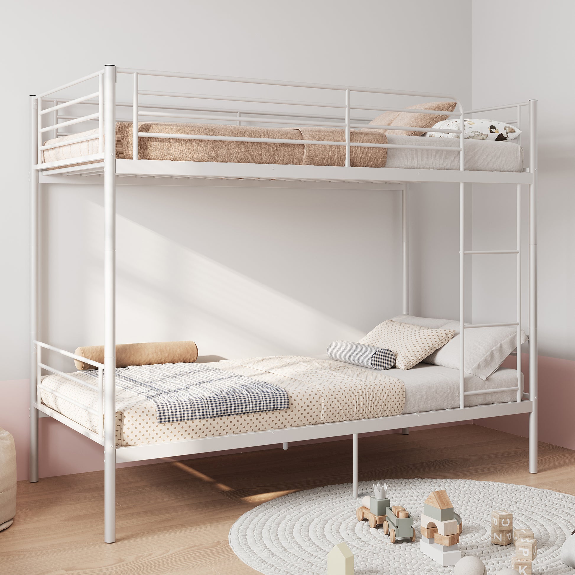 Twin Bunk Bed with Ladder - White Metal Frame