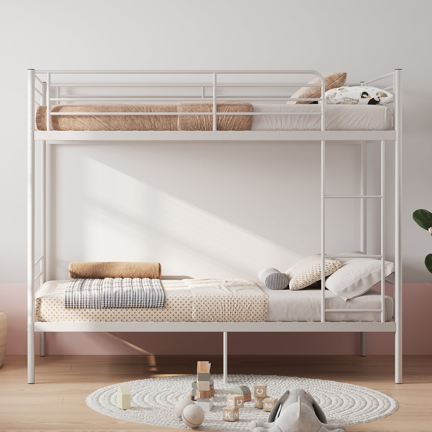 Bunk Bed with Ladder and high Guardrail, Able to Split, Metal Bunk Bed, Storage Space, Noise Free,Twin Over Twin Size,White