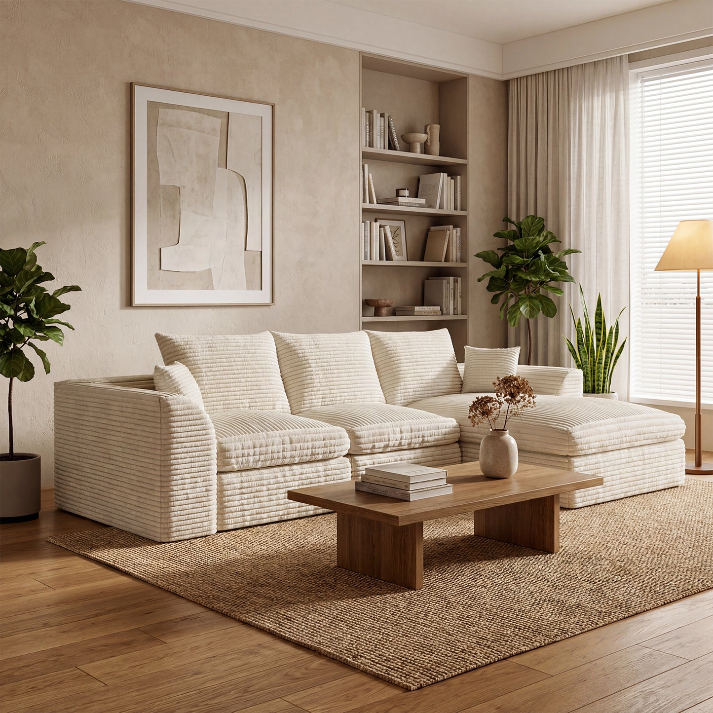 Modular Cloud Couch, L-Shaped 3-Seater with Reversible Chaise, Boneless Memory Foam Corduroy Sofa, 102" Convertible Bed, Living Room Furniture, No Assembly Required, Beige