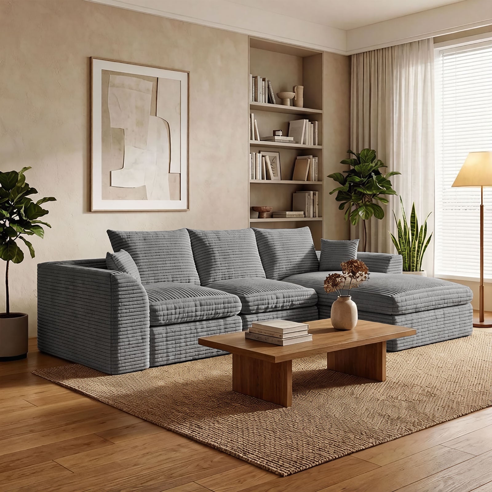Modular Cloud Couch, L-Shaped 3-Seater with Reversible Chaise, Boneless Memory Foam Corduroy Sofa, 102" Convertible Bed, Living Room Furniture, No Assembly Required, Grey