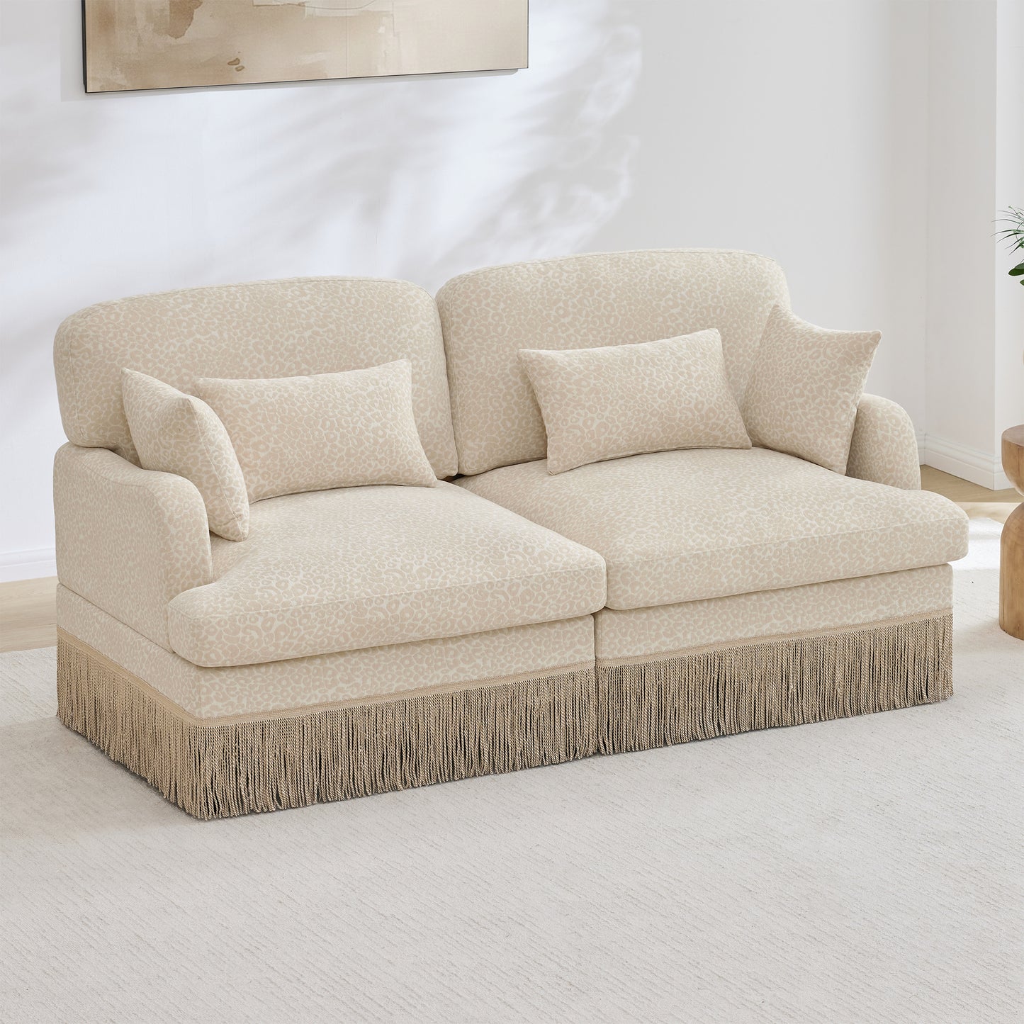 Comfy Chenille Leopard Printinging Loveseat Sofa,Delicate Tassel Edge,Modern Fashion Modular Sectional Couch,Ergonomic Back and Seat Design, Easy Assembly,Deep Seat Couch for Living Room,Beige Coffee