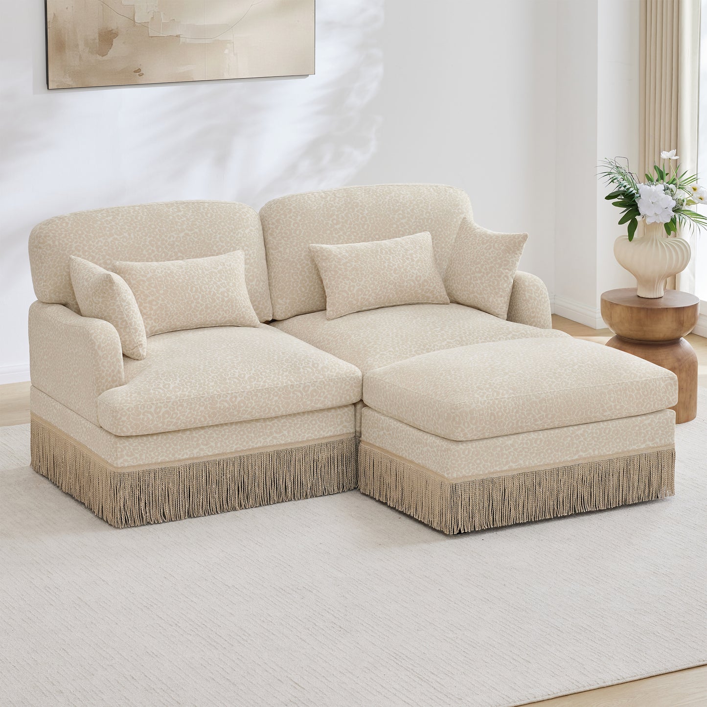Comfy Chenille Leopard Printing Loveseat Sofa,Delicate Tassel Edge,Movable Ottoman,Modern Fashion Style,Ergonomic Back and Seat Design,Easy Assembly,Deep Seat Couch for Living Room,Beige Coffee