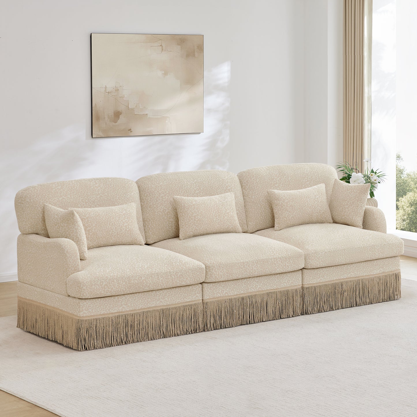 100"Comfy Chenille Leopard Printing 3-Seater Sofa,Delicate Tassel Edge,Modern Fashion Modular Sectional Couch,Ergonomic Back and Seat Design,Easy Assembly,Deep Seat Design for Living Room,Beige Coffee
