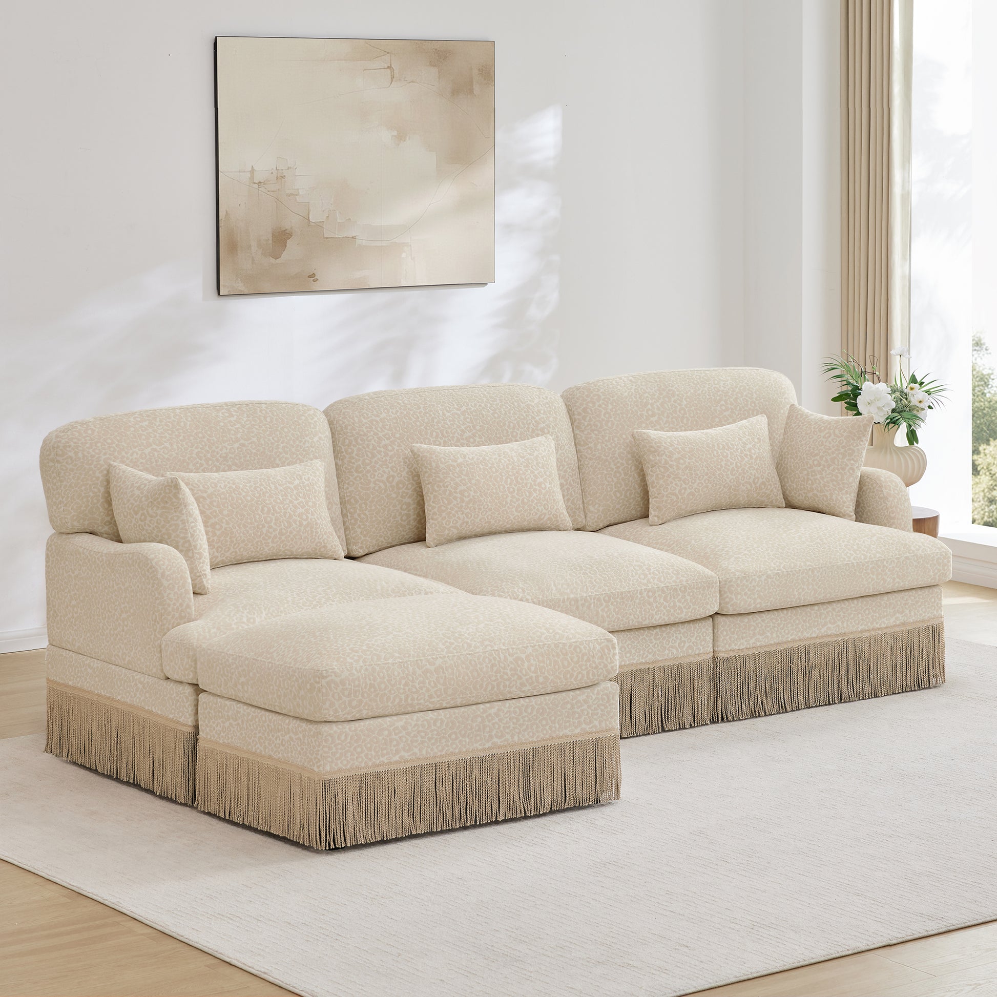 100"Comfy Chenille Leopard Printing L-Shaped Sofa,Delicate Tassel Edge,Movable Ottoman,Modern Fashion Style,Ergonomic Back and Seat Design,Easy Assembly,Deep Seat Design for Living Room,Beige Coffee