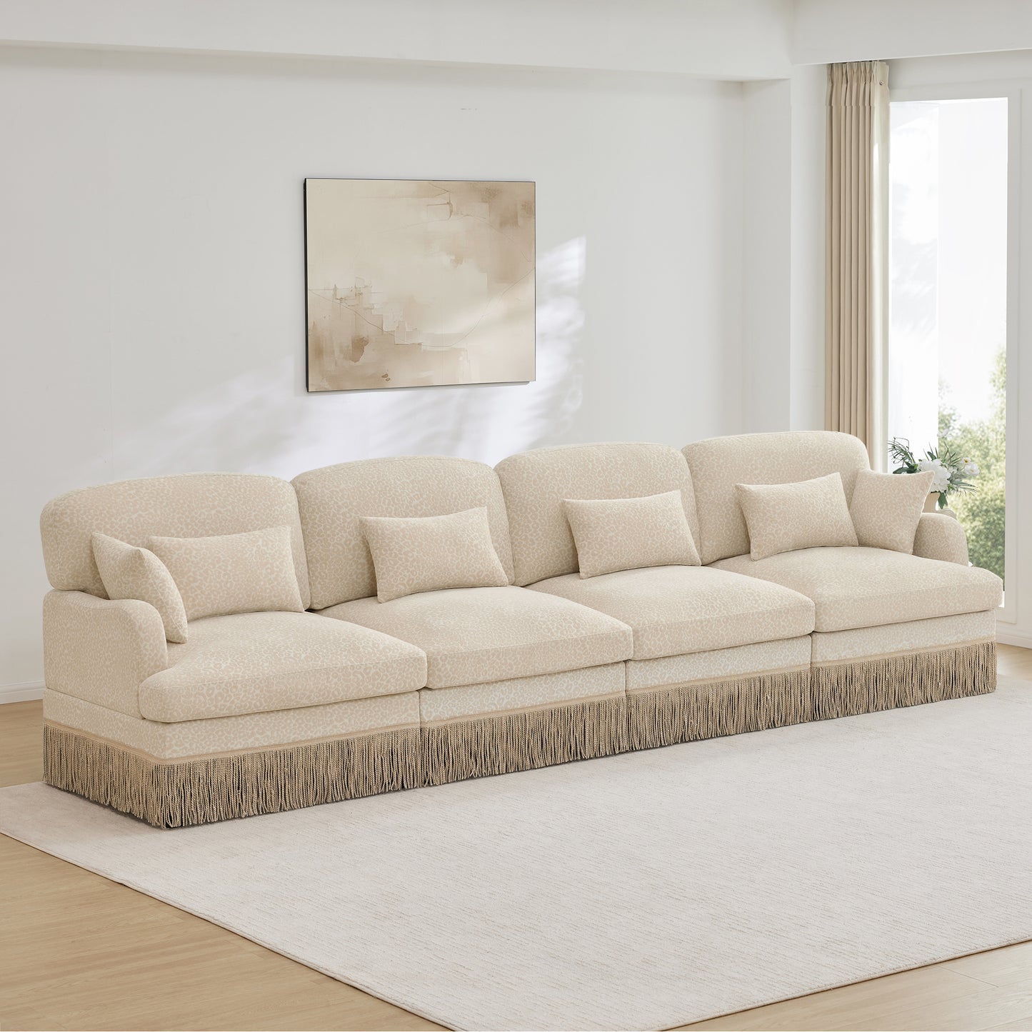 131" Comfy Chenille Leopard Printing 4-Seater Sofa,Delicate Tassel Edge,Modern Fashion Modular Sectional Couch,Ergonomic Back and Seat Design,Easy Assembly,Deep Seat Design for Living Room,Beige Coffe