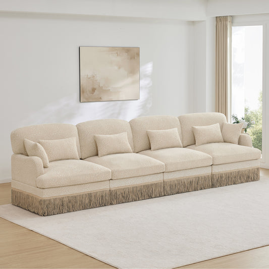131" Comfy Chenille Leopard Printing 4-Seater Sofa,Delicate Tassel Edge,Modern Fashion Modular Sectional Couch,Ergonomic Back and Seat Design,Easy Assembly,Deep Seat Design for Living Room,Beige Coffe