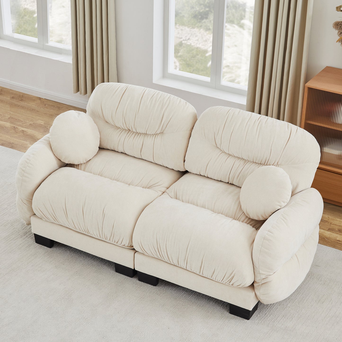 Pleated Design Cozy Chenille Fabric 2 Seater Modular Sofa with High-Density Ergonomic Foam Seat, Curved Round Armrests and 2 Round Throw Pillows,Beige