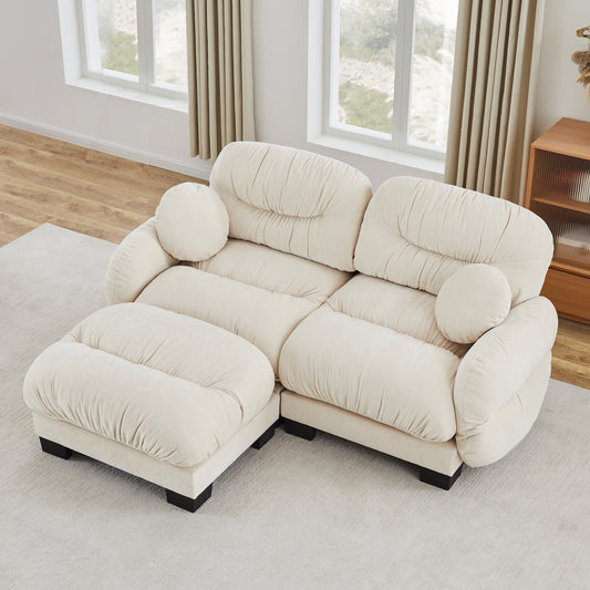 Pleated Design Cozy Chenille Fabric 2 Seater Modular Sofa with High-Density Ergonomic Foam Seat, L Shape Sectional Couch with Ottoman, Curved Round Armrests and 2 Round Throw Pillows,Beige