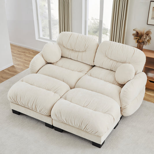 Pleated Design Cozy Chenille Fabric 2 Seater Modular Sofa with High-Density Ergonomic Foam Seat, L Shape Sectional Couch with 2 Ottomans, Curved Round Armrests and 2 Round Throw Pillows,Beige