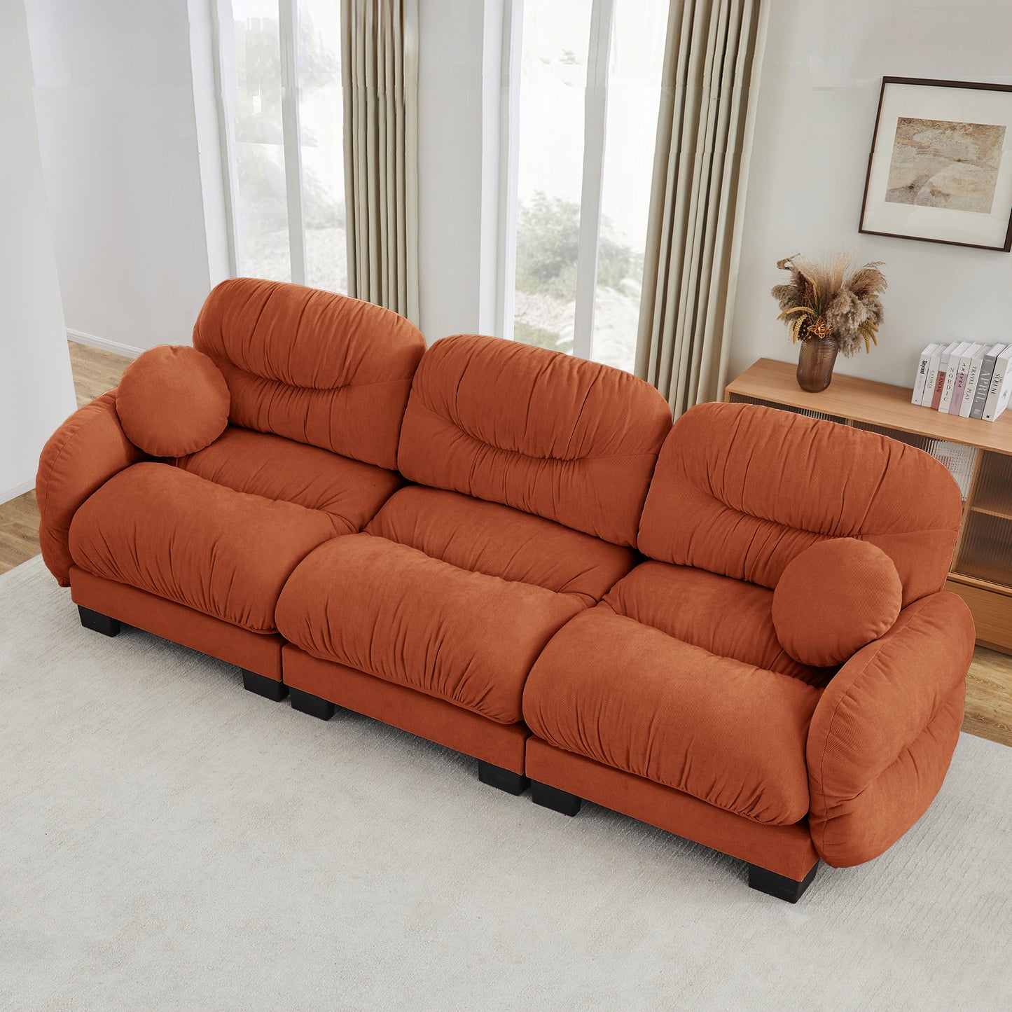 Pleated Design Cozy Chenille Fabric 3 Seater Modular Sofa with High-Density Ergonomic Foam Seat, Curved Round Armrests and 2 Round Throw Pillows,Orange