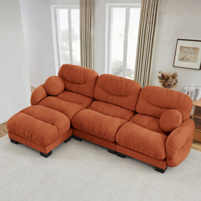 Pleated Design Cozy Chenille Fabric 3 Seater Modular Sofa with High-Density Ergonomic Foam Seat, L Shape Sectional Couch with Ottoman, Curved Round Armrests and 2 Round Throw Pillows,Orange