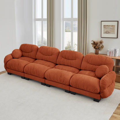 Pleated Design Cozy Chenille Fabric 4 Seater Modular Sofa with High-Density Ergonomic Foam Seat, Curved Round Armrests and 2 Round Throw Pillows,Orange