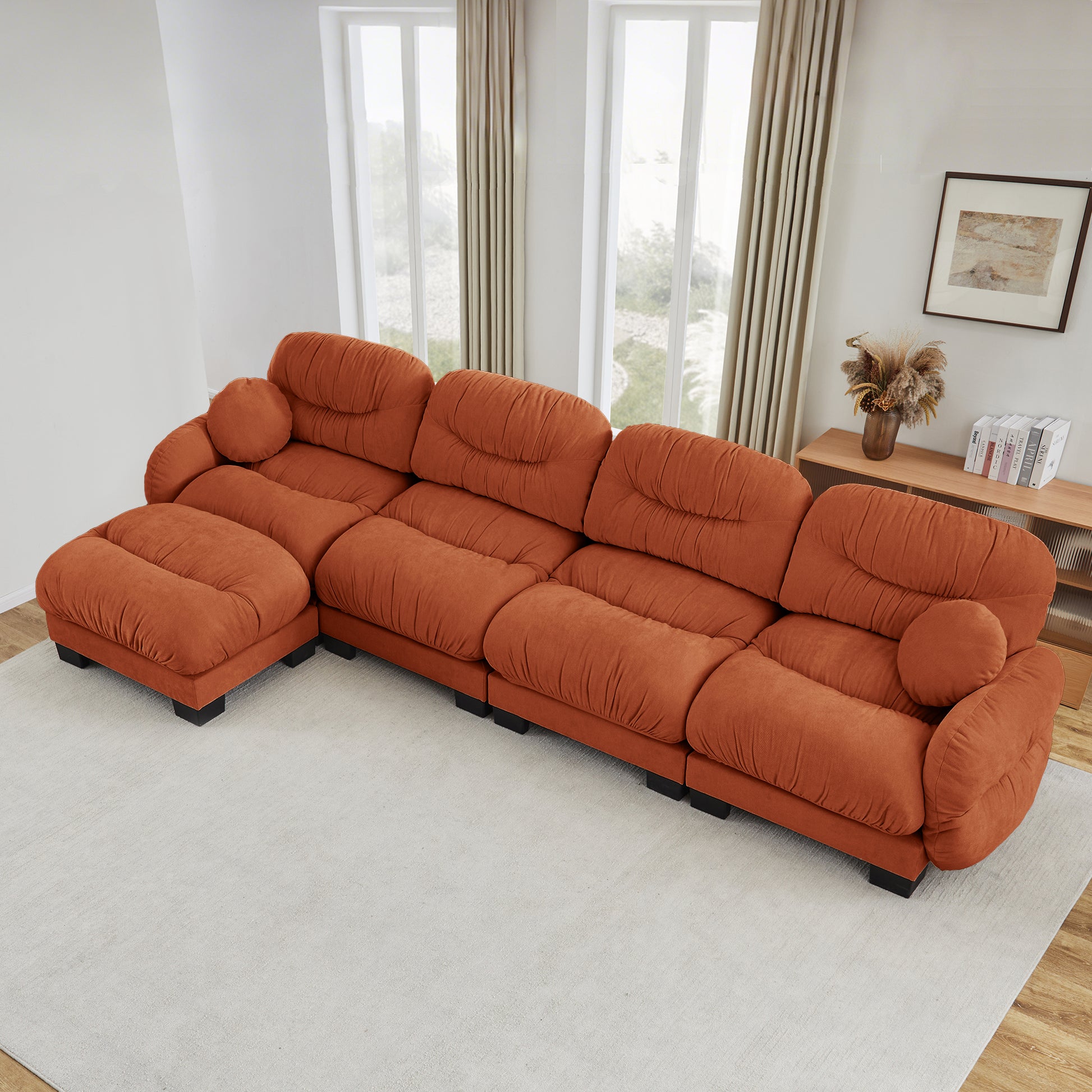 Pleated Design Cozy Chenille Fabric 4 Seater Modular Sofa with High-Density Ergonomic Foam Seat, L Shape Sectional Couch with Ottoman, Curved Round Armrests and 2 Round Throw Pillows,Orange