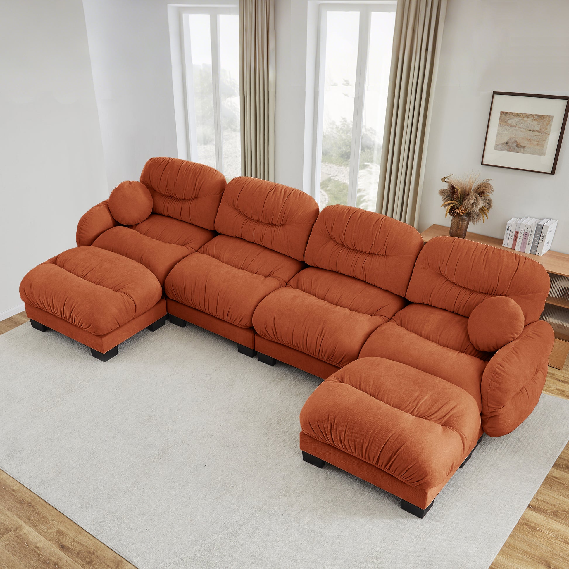 Pleated Design Cozy Chenille Fabric 4 Seater Modular Sofa with High-Density Ergonomic Foam Seat, U Shape Sectional Couch with 2 Ottomans, Curved Round Armrests and 2 Round Throw Pillows,Orange