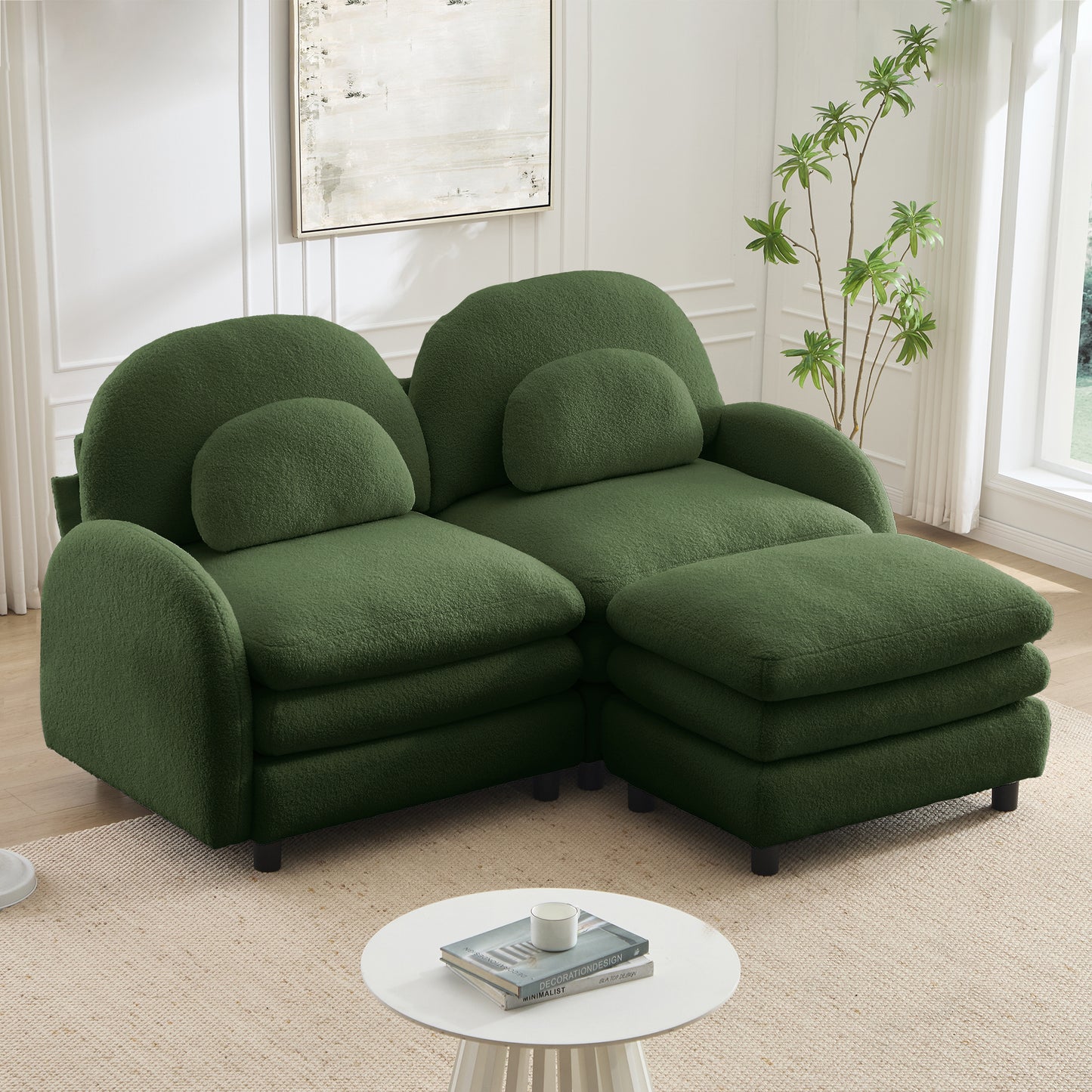 Teddy Fabric Soft Cloud-like Loveseat Sofa,Curved Backrest and Armrest with Curved Lumbar Pillows, Sectional 2 Seater Modular Couch with Movable Ottoman and Supportive Double-layer cushion, Green